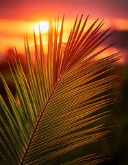 Close-up of a palm leaf at sunset with a vibrant red sky, capturing the warm glow and natural beauty of tropical scenery during golden hour

