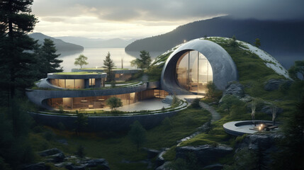 Abstract biomimetic architecture design influenced by nature and curved forms. Sustainable building, healthy home in the forest.