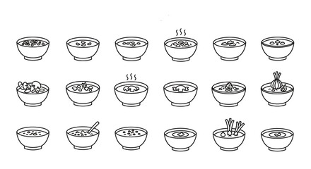 Various bowls of soup line art illustration showing different ingredients and styles in a white background