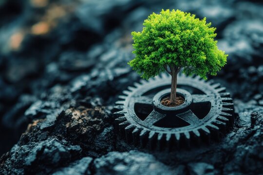 A vibrant green tree grows from a black gear, symbolizing the intersection of nature and industry in a dynamic and striking visual.