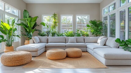Sunlit living room with sectional sofa, plants, and woven ottomans.