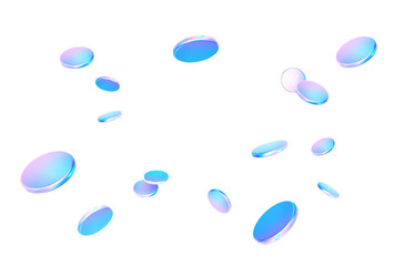 3d flying glass hologram coins isolated. Rain abstract cash element. Fall gradient podium, holographic disk, plate, neon cylinder. Concept casino, jackpot, finance, crypto. Vector illustration