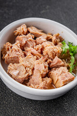 Tuna canned fish seafood appetizer dish organic product fresh tasty gourmet food background on the table rustic food top view copy space keto and paleo pescetarian diet