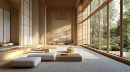 Tranquil Japanese-style room with natural light and wooden decor overlooking a serene garden.