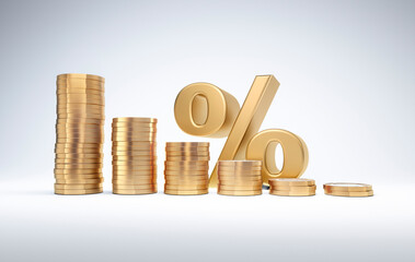 Descending stacks of coins with percentage sign against white background - 3D illustration