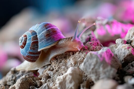 An intricate macro photograph captures a snail on rocky terrain, showcasing the detailed patterns of its shell and the vibrant colors, representing nature's beauty and delicacy.