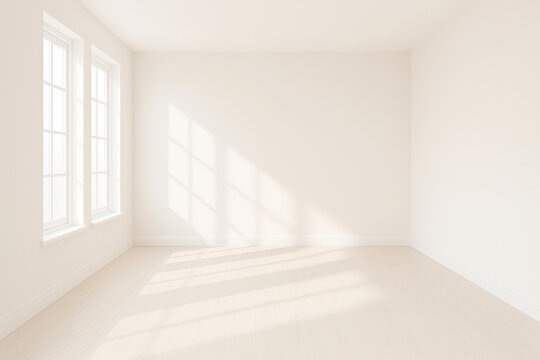 Bright white room with twin tall windows and soft sunlight casting shadows, clean modern interior background ideal for product staging, real estate visuals, or lifestyle branding