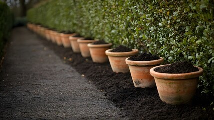 Terracotta Pots Lined Up Garden Path Soil Planting