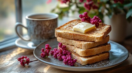 Buttery toasted bread slices, breakfast, window view