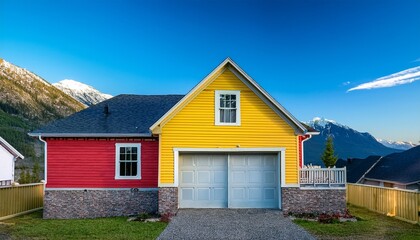 home insurance property and earthquake a vibrant two story house features yellow and red exteriors framed by a scenic backdrop of mountains and clear blue skies