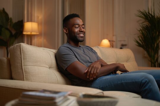 Happy lazy smiling African American man relax daydream sit on comfortable sofa at home living room calm ethnic guy biracial male rest eyes closed feel peace break pause relaxing no stress free relief