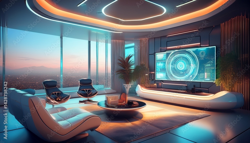 Poster futuristic living room with tech integrations including a smart display on the wall app controlled a