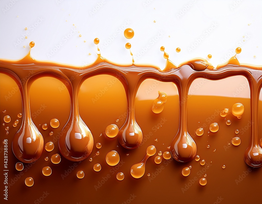 Poster glossy caramel splashes with drip and bubbles on surface