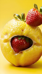 Strawberries in delectated mood and unnatural colors on different background