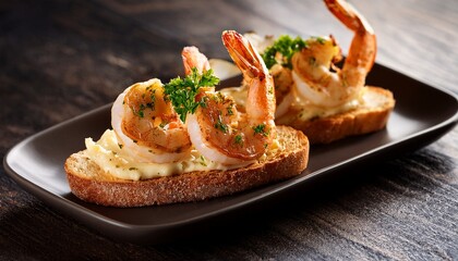 garlic butter shrimp on crispy toasted bread