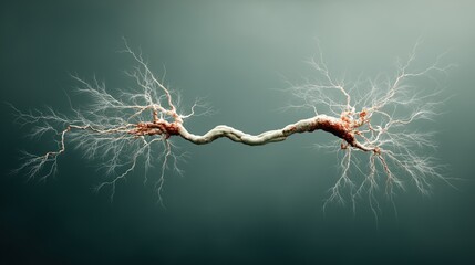 Artistic representation of two neuron-like structures with branching dendrites connected against a greenish background.