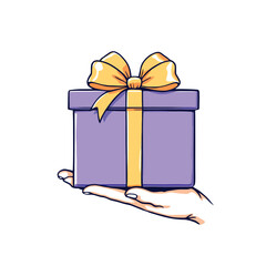 Vsai hand holding purple gift box with yellow ribbon and bow