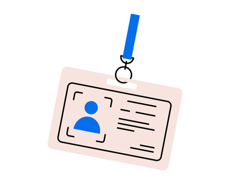 Hand drawn cute illustration of id card. Flat vector corporate badge doodle. Company personal identification.  Office worker identity icon. Security access pass. Member authentication. Isolated.