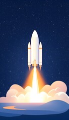 Obraz premium Rocket launching into space, fiery trail, starry night