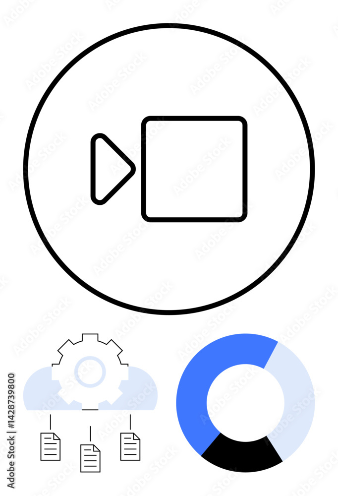 Poster video playback icon in a circle, cloud-network with documents under a gear, and a segmented pie char