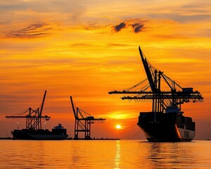 Fototapeta premium Sunset over a shipping port, cranes silhouetted against the sky as a cargo ship prepares for departure