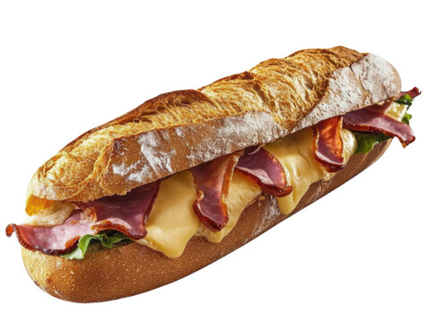 Delicious gourmet baguette sandwich with ham and cheese isolated on the white background