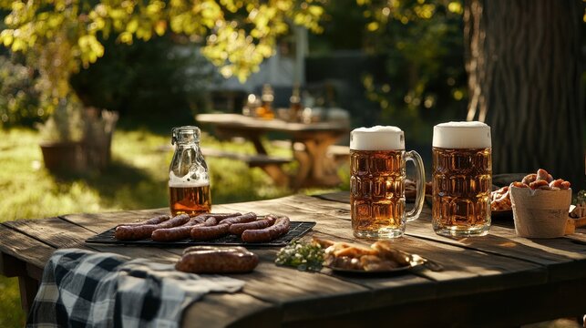Rustic outdoor picnic with beer and sausages on a sunny day.