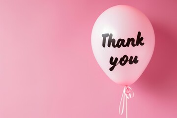 Pink balloon with 'Thank you' text against a matching pink background, expressing gratitude.