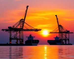 Fototapeta premium Sunset over a shipping port, cranes silhouetted against the sky as a cargo ship prepares for departure