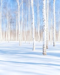 Sunlit birch forest in a snowy landscape, exhibiting long shadows on pristine snow