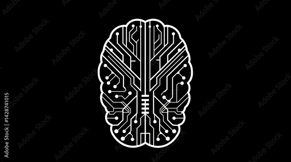 Poster line art icon of artificial intelligence with brain and circuits stock photo --ar 16:9 --raw --v 6 j