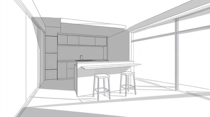 Modern kitchen design, architectural sketch.