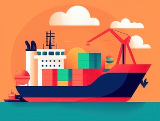 Obraz premium Cargo ship at a busy industrial port, cranes towering over the vessel, facilitating global commerce