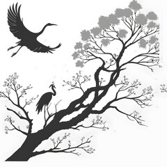 Elegant Crane In Flight Above Blooming Branches,ASerenely Beautiful East Asian Inspired Artwork Depicting Nature With Grace And Tranquility