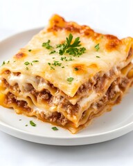 A cheesy, meaty lasagna slice on a white plate, garnished with parsley