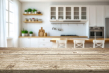 Wooden countertop and beautiful bright kitchen in the background