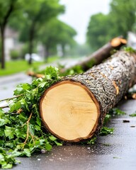 Fallen tree trunk on a rain-slicked road, surrounded by green foliage