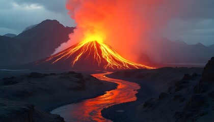 Fototapeta premium Fiery volcanic eruption illuminates the night sky, lava flows down the mountainside, creating a breathtaking spectacle of natures raw power.
