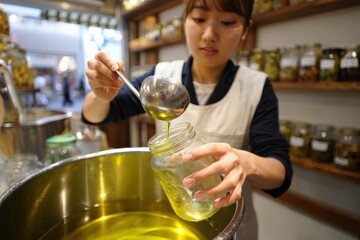 Shot of a young woman filling a jar with product while shopping