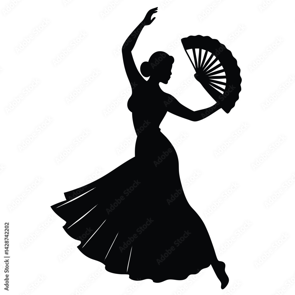 Poster isolated black vector dancer using element flamenco dancer with fan with white background