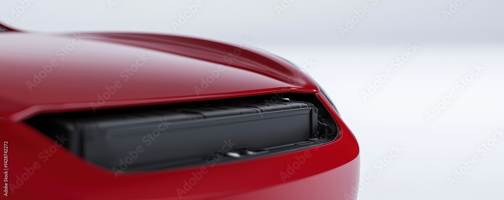Poster close-up of red car hood with open compartment for engine access