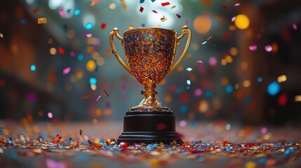 Triumphant Victory: A Golden Trophy Celebrates Success Amidst a Shower of Confetti