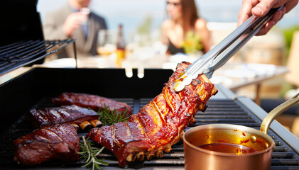 Gourmet Grilling Experience: Hand turns delicious glazed BBQ pork ribs on outdoor grill during upscale summer feast. Al fresco dining, culinary delight. 