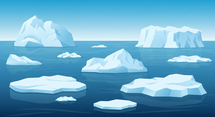 A cartoon illustration of several icebergs floating in a blue ocean under a clear blue sky background