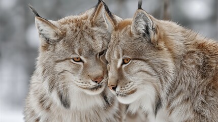 Obraz premium Two Eurasian lynxes nuzzle closely together in a snowy wilderness setting.