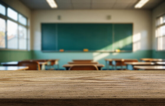 Wooden top with blurred empty classroom background can be used for mocking up or display product to make advertising.