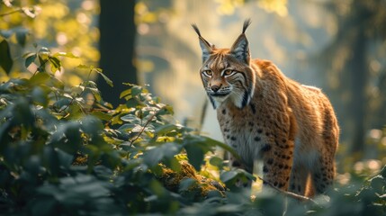 Obraz premium A majestic Norwegian Lynx prowls through a dense jungle, its black fur glistening in the sunlight. 