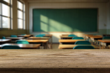 Wooden table top and blur classroom interior with chalk board