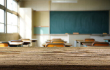 Wooden table desk and classroom interior with chalk board