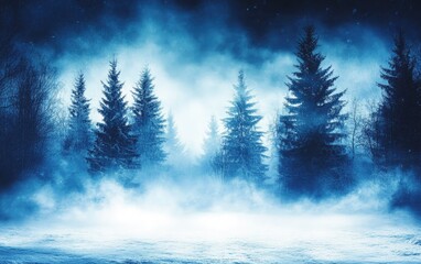 Winter Forest Landscape Evergreen Trees, Snowy Ground, Foggy Scenery, Blue Tones